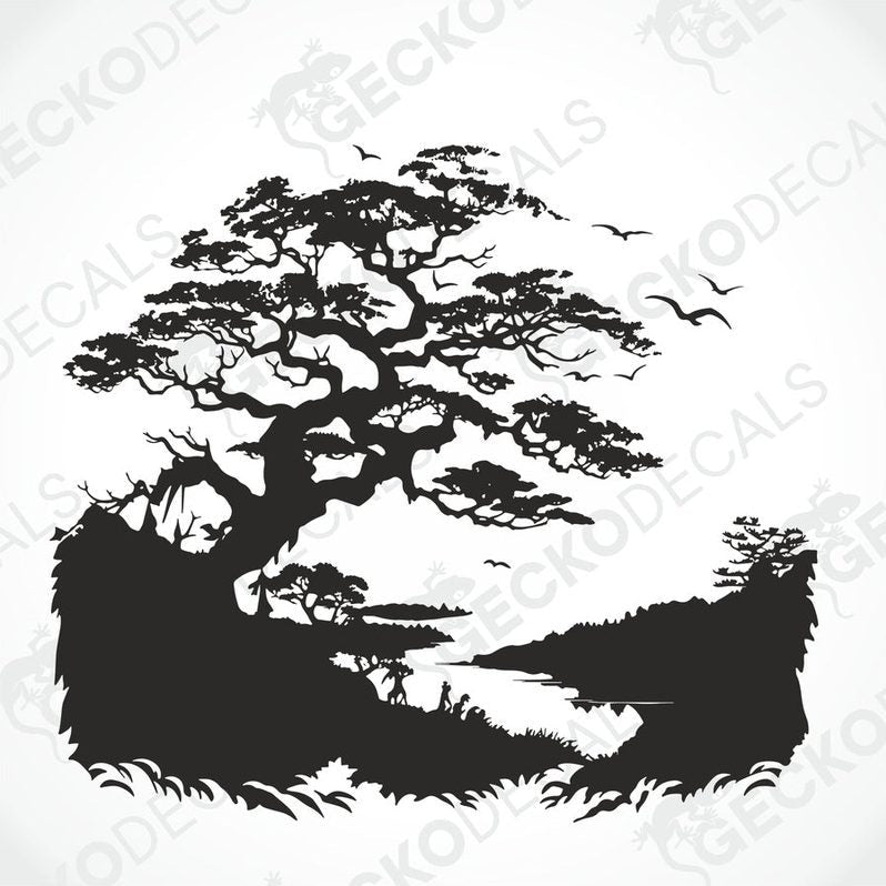 A black and white die cut sticker of a tree on the banks of a stream, applied to the side of a white car.