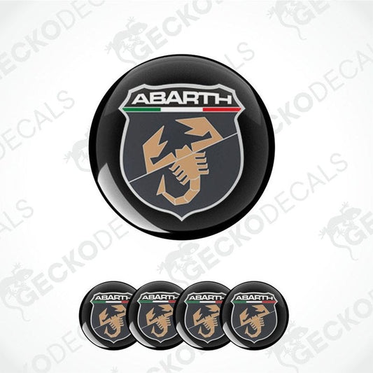 Abarth logo on a black background with multiple decals below.