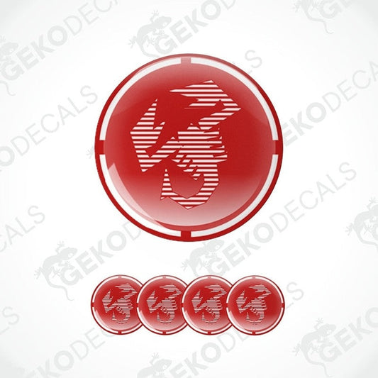 A set of red vinyl decals with a geometric pattern, including four dome-shaped decals and one elongated decal.