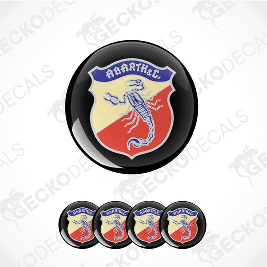 Set of four Abarth car emblem stickers on a white background with 'Gecko Decals' branding.