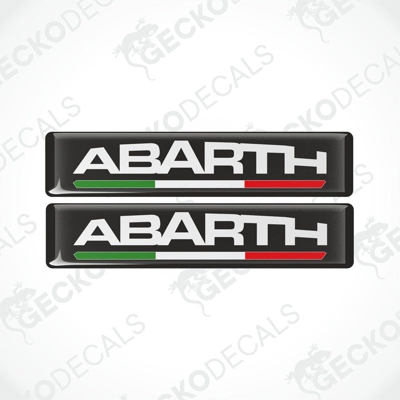 Two vinyl decals with polyurethane coating featuring the word 'ABARTH' with an Italian flag color stripe.