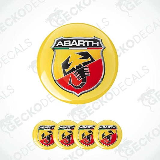 Abarth logo on a yellow background with five smaller logos below.