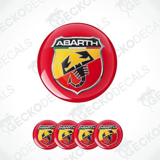 Abarth logo on a red background with five smaller logos below.