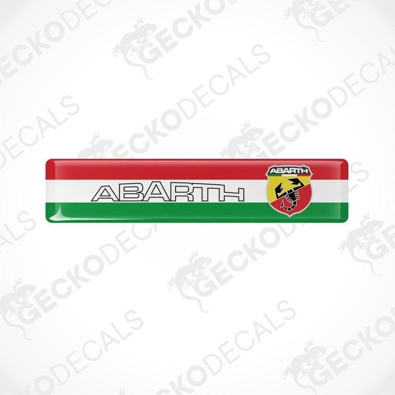  Vinyl decals with a polyurethane coating featuring the Abarth logo and the colors red, white, and green.