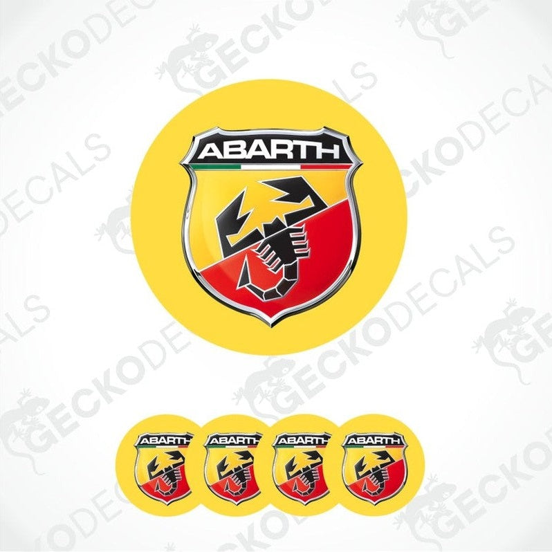 Abarth logo on a yellow background with five smaller logos below.