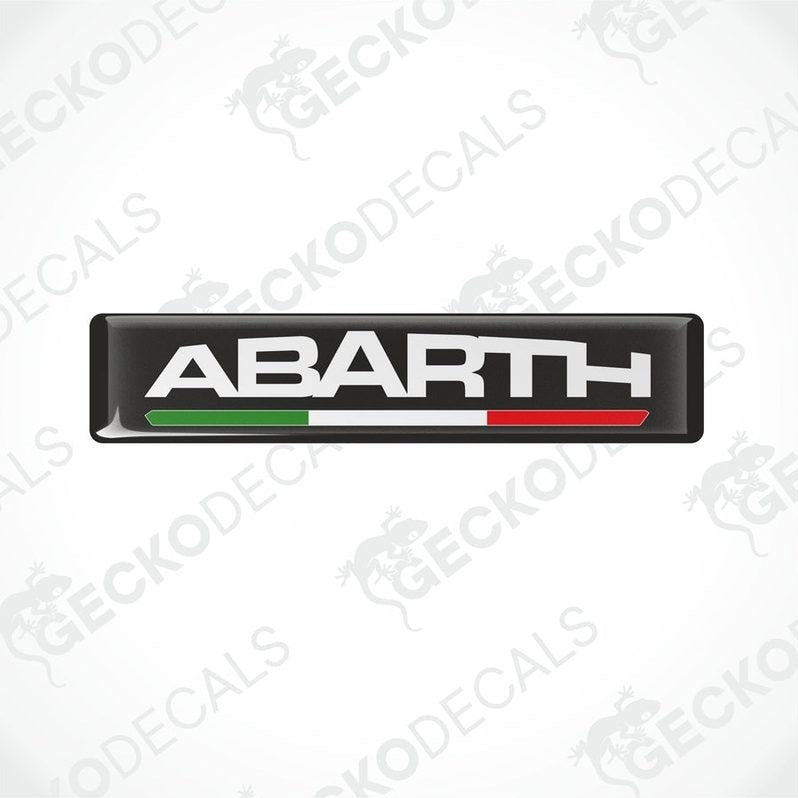Vinyl decals with polyurethane coating featuring the word 'ABARTH' with an Italian flag color stripe.