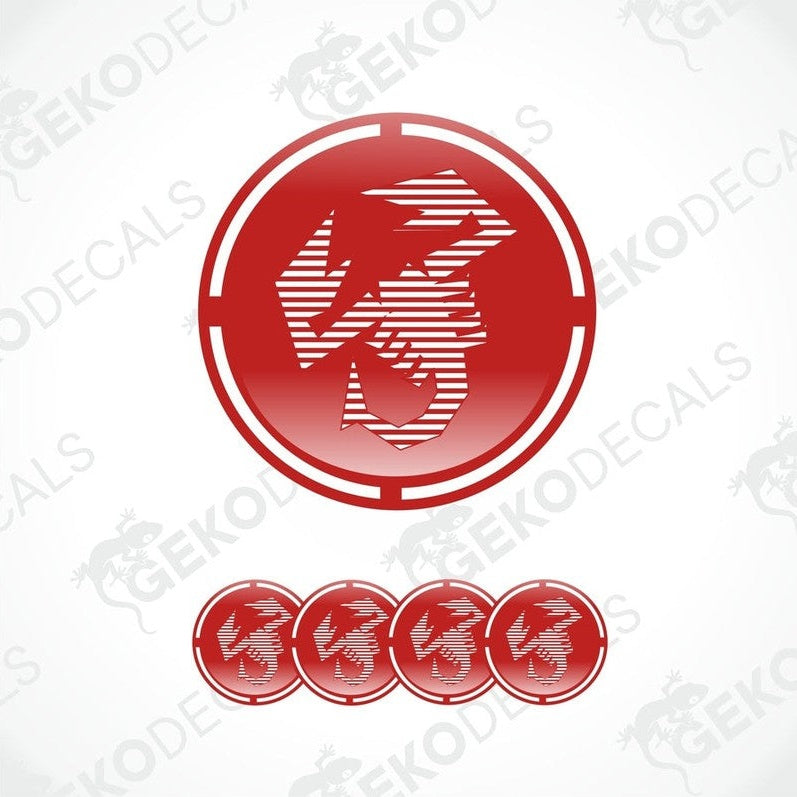 A set of red vinyl decals with a geometric pattern, including four dome-shaped decals and one elongated decal.