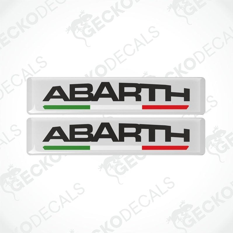 Two vinyl decals with polyurethane coating featuring the word 'ABARTH' with an Italian flag color stripe.