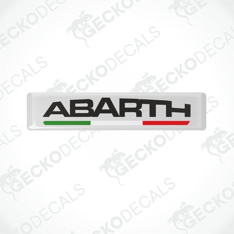  Vinyl decals with polyurethane coating featuring the word 'ABARTH' with an Italian flag color stripe.