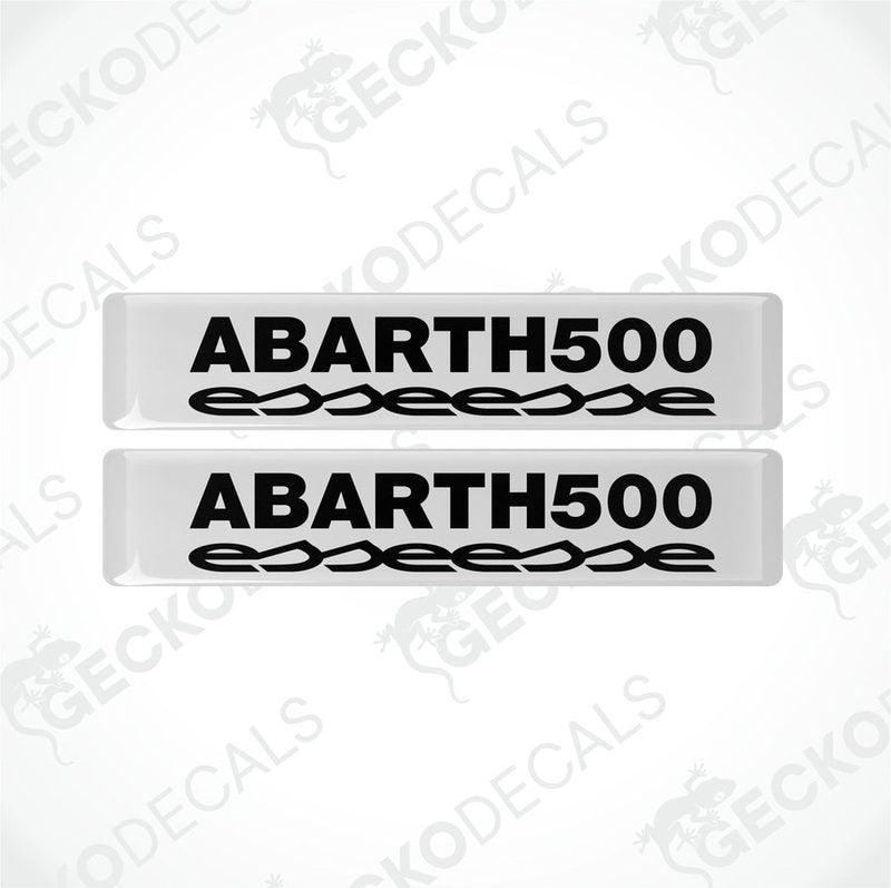 Two white vinyl decals with 'ABARTH500' text in black, designed for vehicle use.