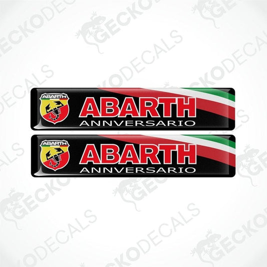 Two black vinyl stickers with red and white text and graphics celebrating the 125th anniversary of Abarth.