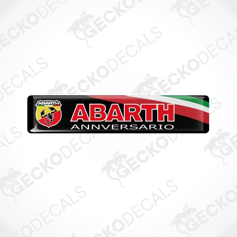 Black vinyl stickers with red and white text and graphics celebrating the 125th anniversary of Abarth.