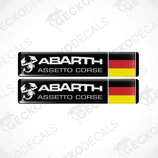 Two vinyl decals with a polyurethane coating featuring the Abarth Assetto Corse logo and the German flag.