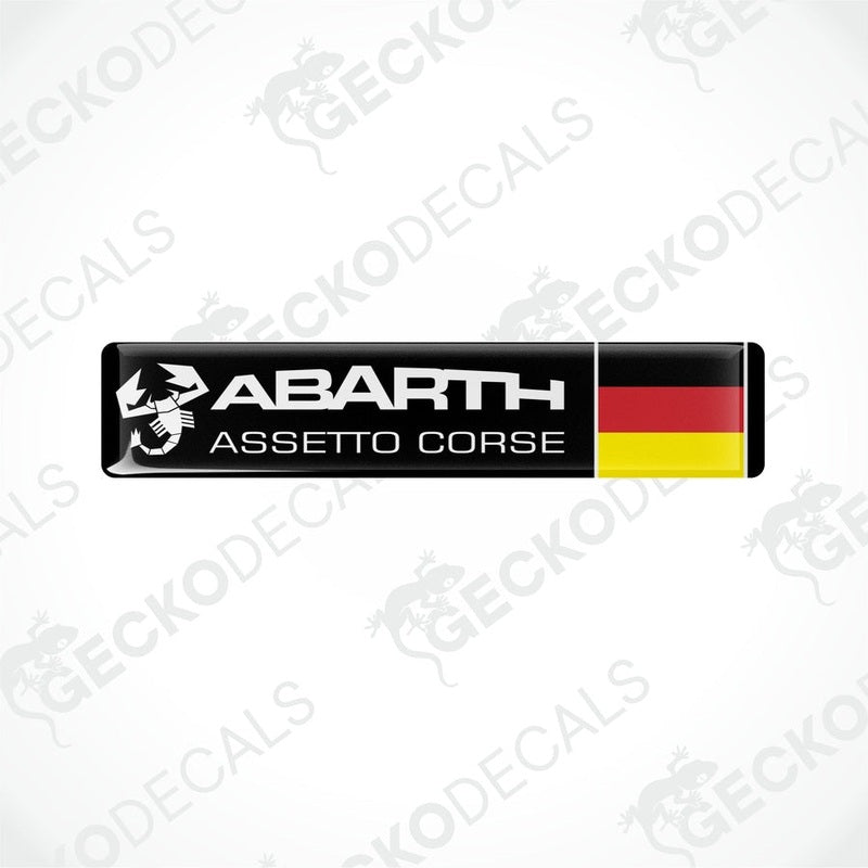 Vinyl decals with a polyurethane coating featuring the Abarth Assetto Corse logo and the German flag.