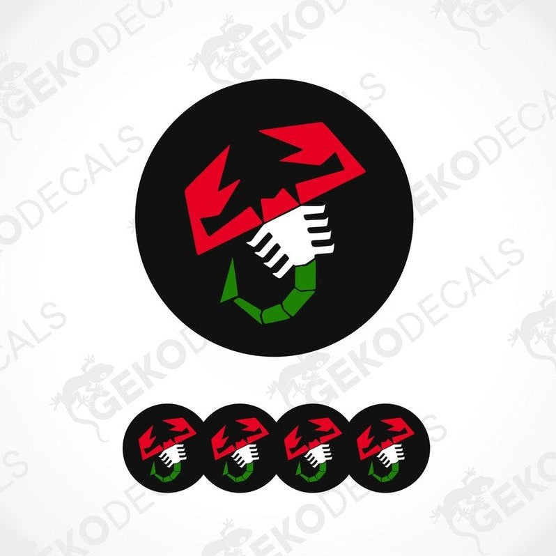 A set of four round car decals featuring a red and green scorpion logo on a black background.