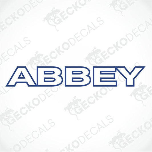 Blue and white ABBEY die-cut sticker for caravan interior or exterior use