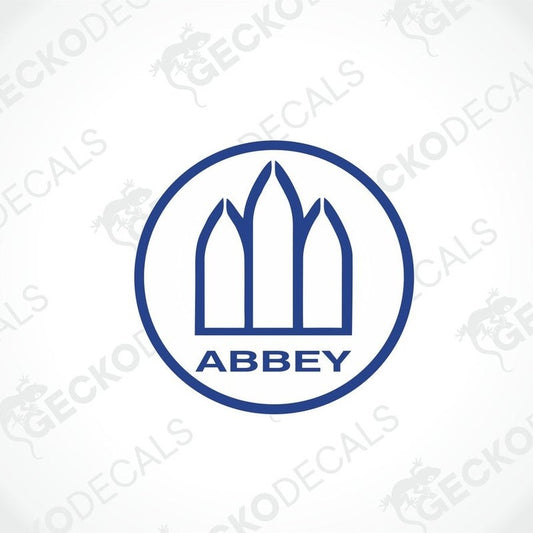 Blue ABBEY die cut decal with Gothic arch windows on transfer paper for caravan interior or exterior