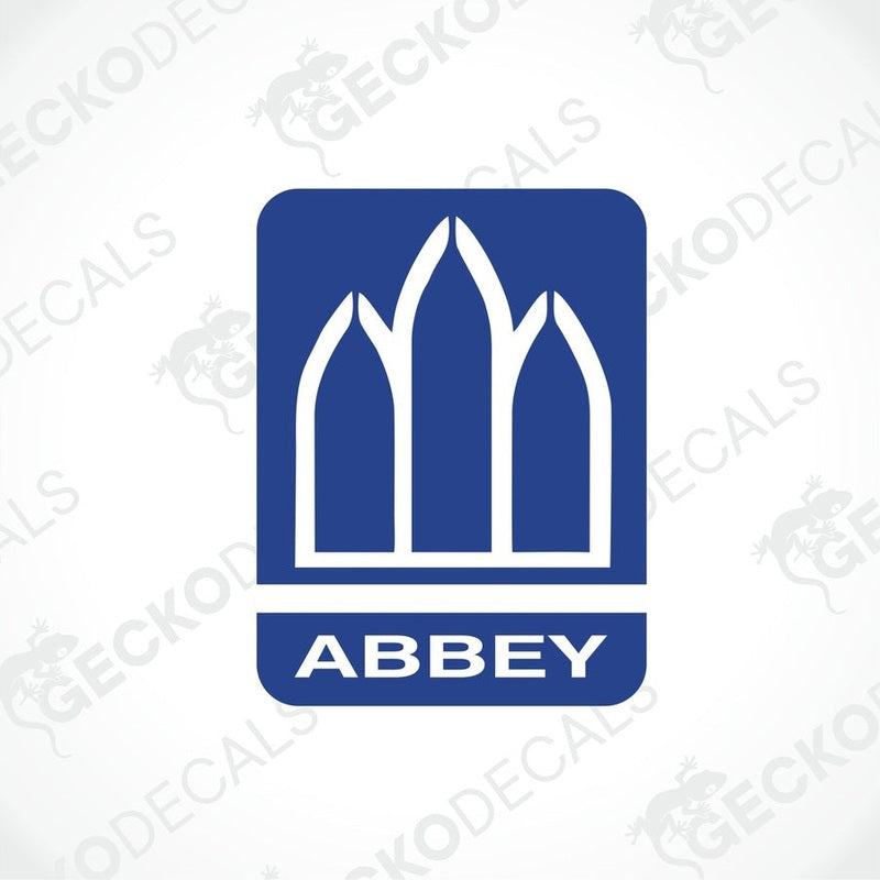 ABBey Gothic window sticker with blue background and white graphic design