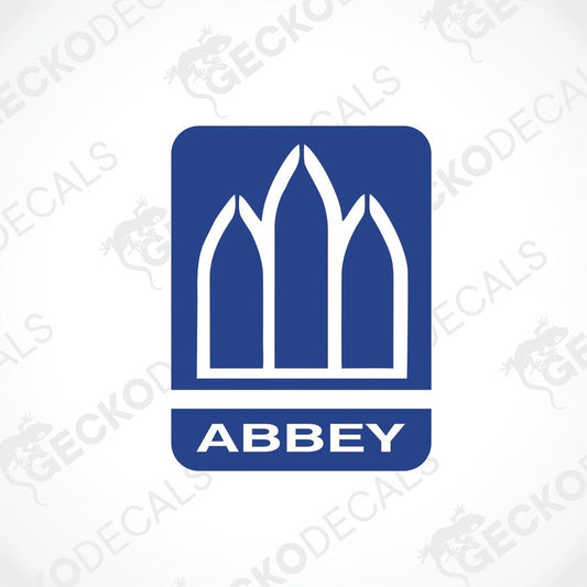 ABBey Gothic window sticker with blue background and white graphic design
