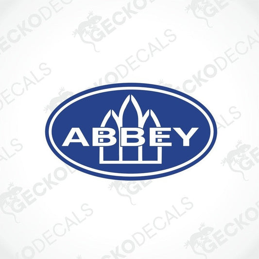 ABBey caravan sticker with blue oval and white tower graphic