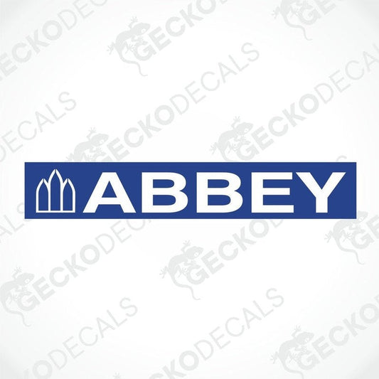 Blue ABBEY decorative sticker with white arched window graphic for caravan interior or exterior