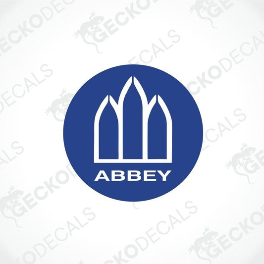 Blue circular ABBEY decal with white Gothic arch graphic for caravan interior or exterior