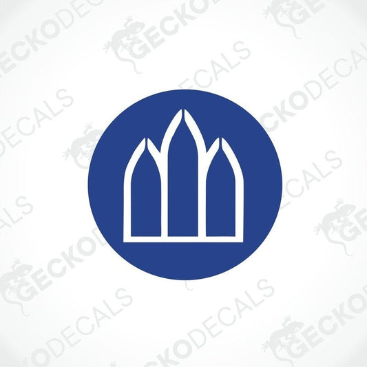 White Gothic arched window die-cut decal on blue circular background for caravan