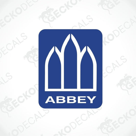 Blue ABBEY decorative sticker with white Gothic arch design for caravan interior or exterior