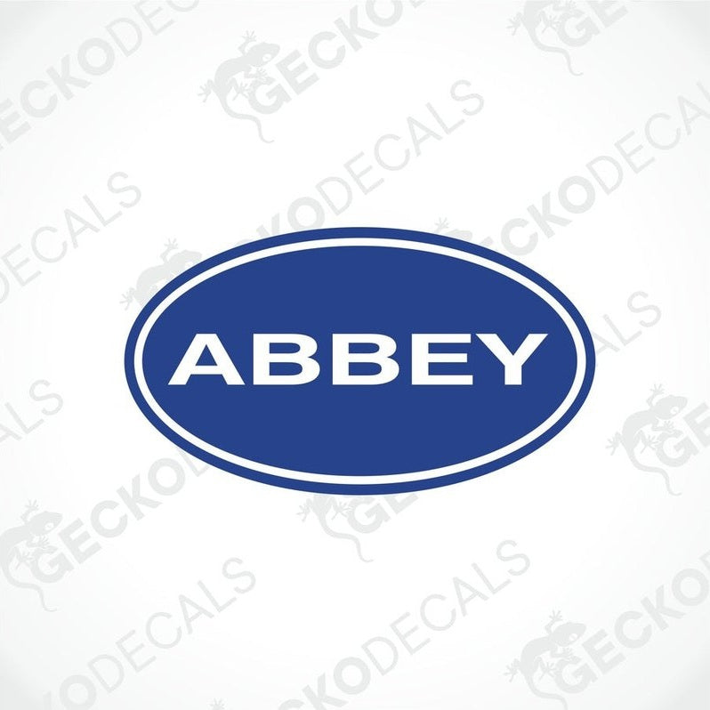 Blue oval ABBEY decorative sticker with white text and glossy lamination