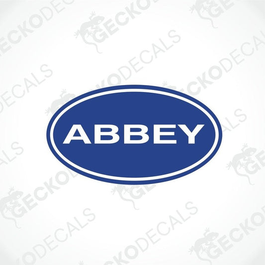 Blue oval ABBEY decorative sticker with white text and glossy lamination