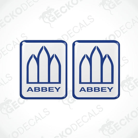 Abbey Caravan epoxy resin vinyl decal set with blue arched graphic and domed finish