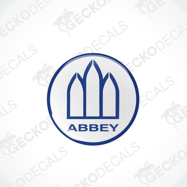 Close-up of blue Abbey Caravan domed vinyl decal