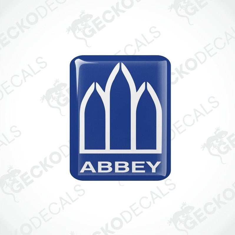 Blue Abbey Caravan epoxy resin decal with domed finish and white spire graphic
