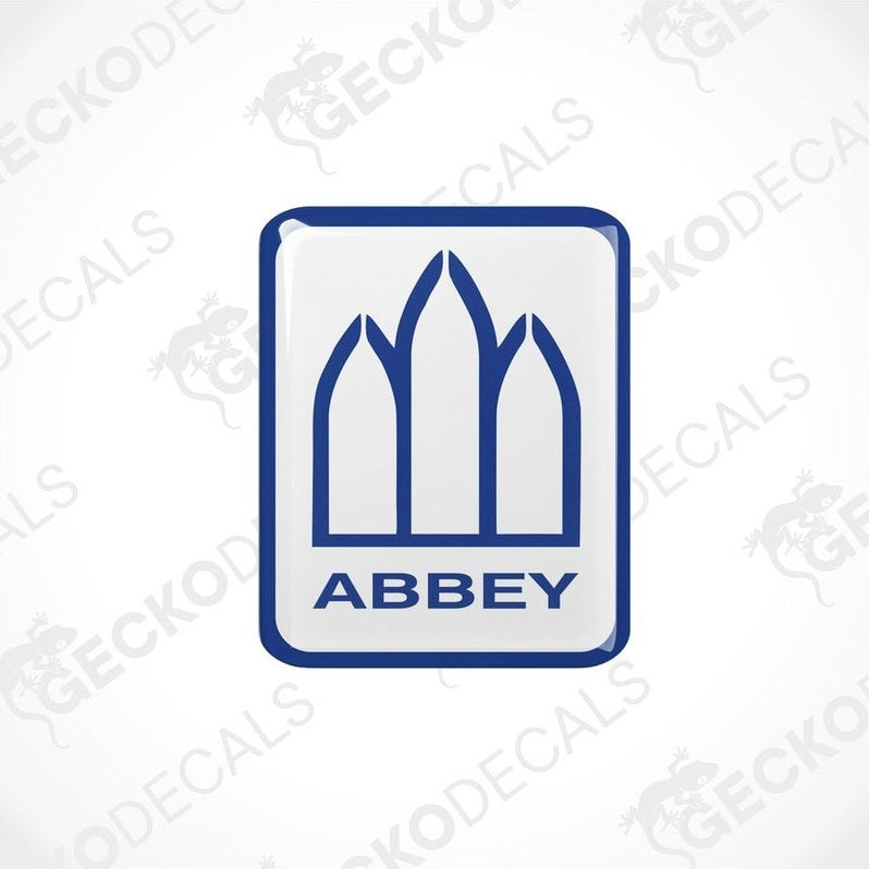 Blue Abbey Caravan epoxy decal featuring stylized arched facade design and glossy coating