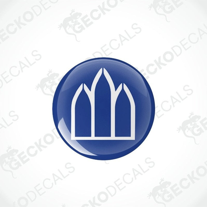 Blue and white three-arched epoxy caravan decal with domed finish