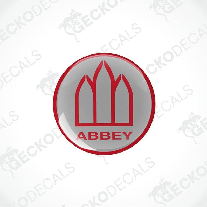 Red Abbey Caravan epoxy resin dome decal with arched graphic