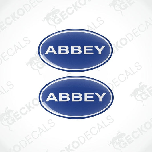 Set of two blue Abbey Caravan vinyl decals with glossy dome finish