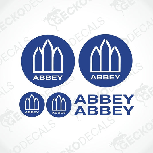 ABBEY CARAVAN LOGO SET die-cut stickers with blue and white gate icon and text for caravan interior exterior