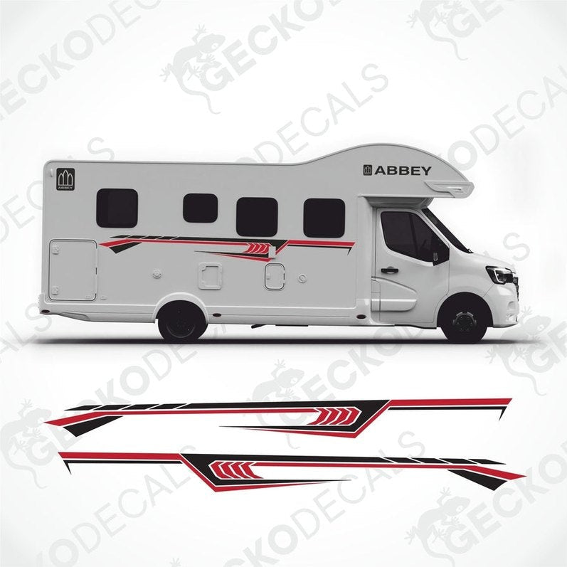 Red and black Abbey caravan side decals applied to white exterior