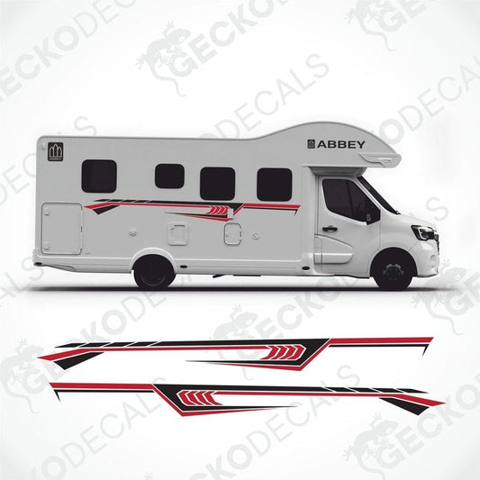 Red and black Abbey caravan side decals applied to white exterior