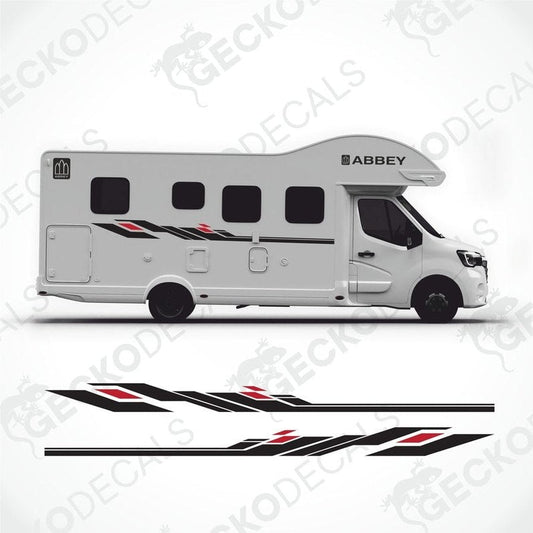 Abbey caravan side decals with black and red geometric stripes applied to white exterior