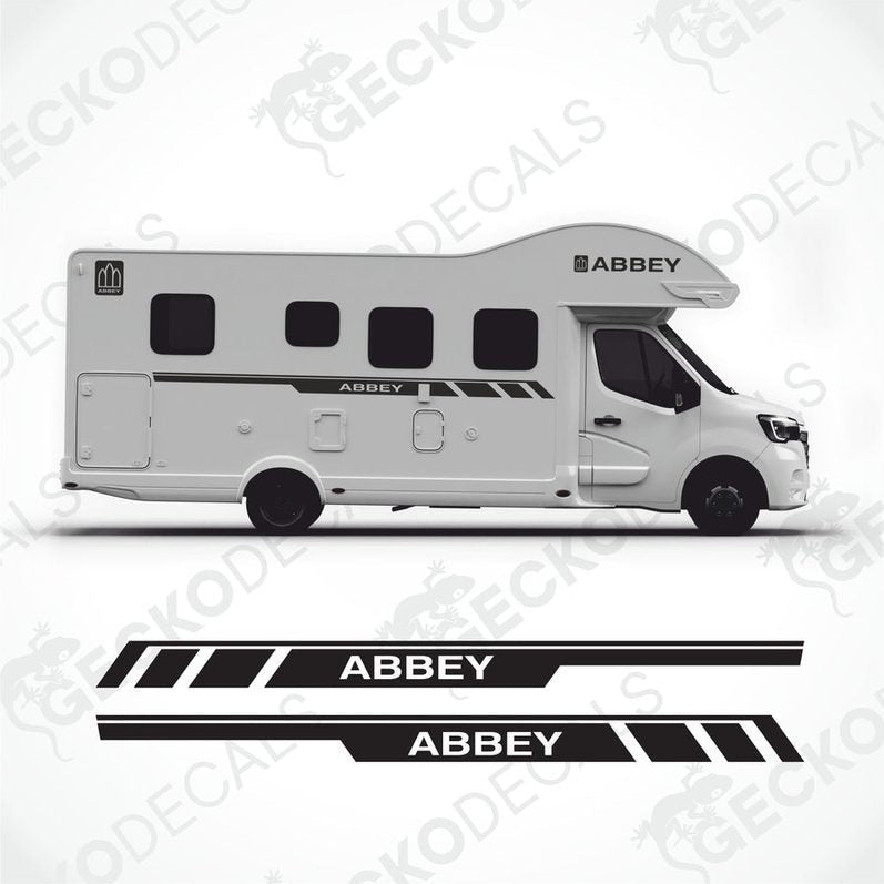 Black Abbey caravan decals applied to white caravan showing side stripe and roof logo fit