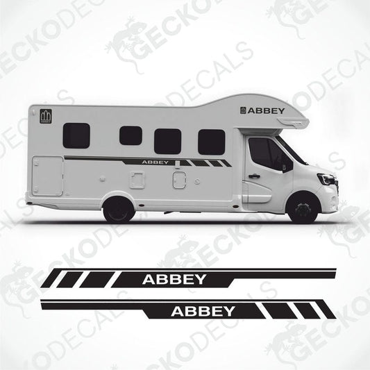 Black Abbey caravan decals applied to white caravan showing side stripe and roof logo fit