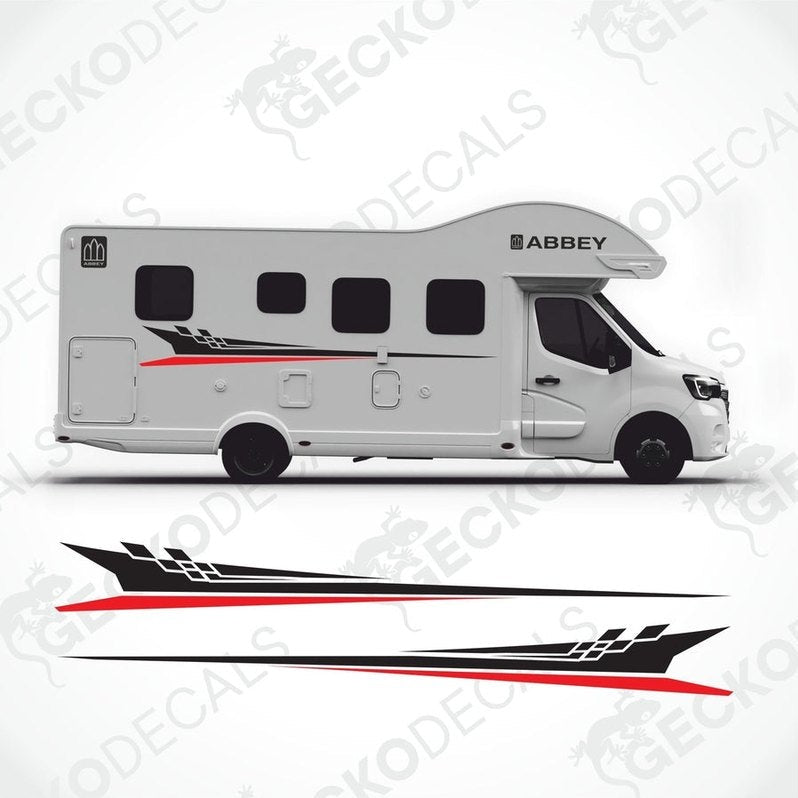 Black and red Abbey caravan side decals applied to white motorhome exterior