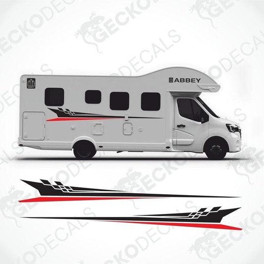 Black and red Abbey caravan side decals applied to white motorhome exterior