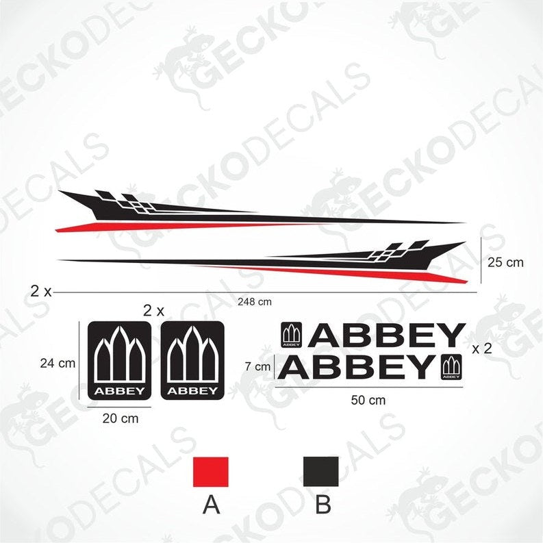 Abbey caravan decoration set with side decals and logos in black and red