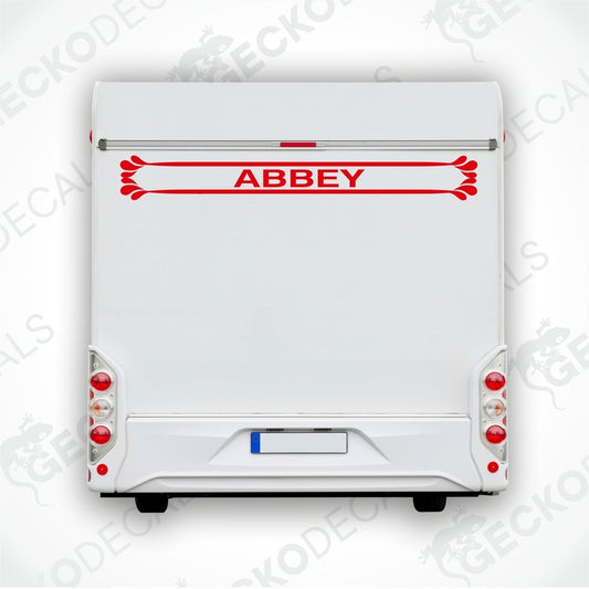 Red Abbey caravan rear decal sticker on white van exterior