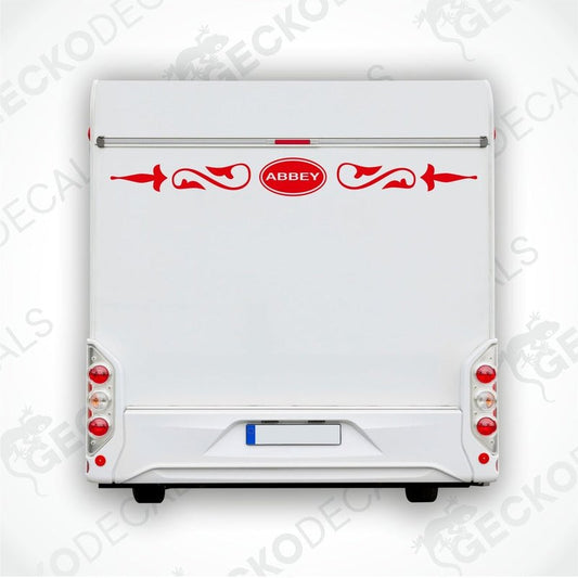 Red Abbey caravan rear decal applied to white caravan back door