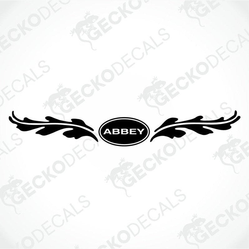 Black ABBEY die-cut sticker with white lettering and symmetrical leaf design
