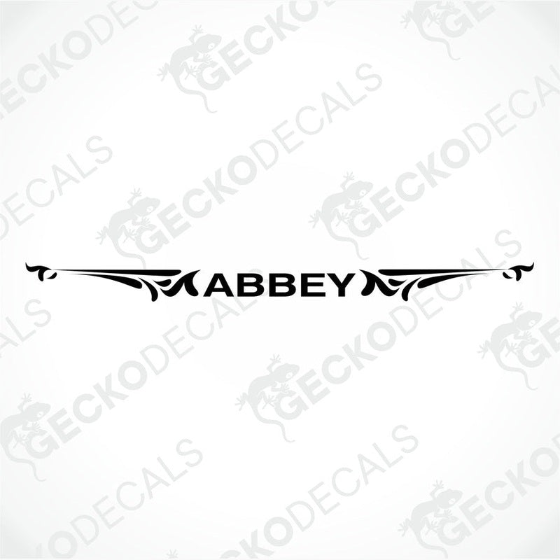 Black die-cut Abbey caravan sticker with symmetrical decorative flourishes